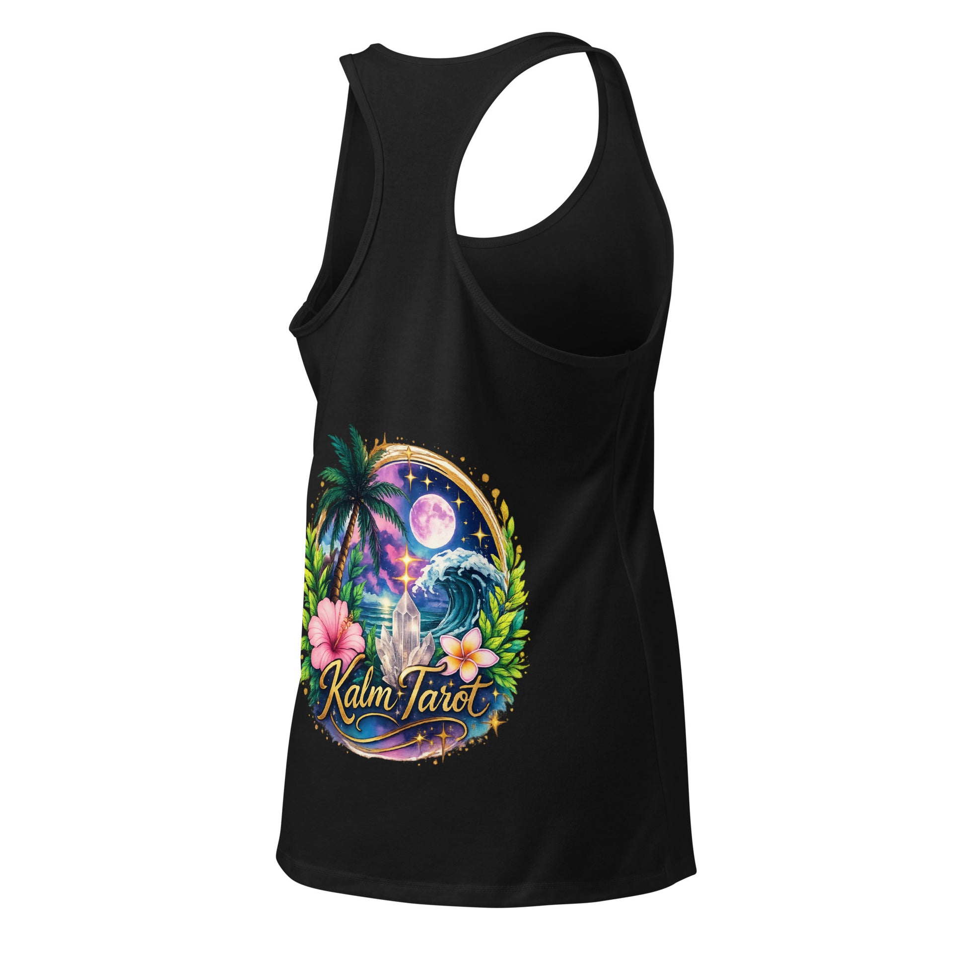 Back of black Kalm Tarot racerback tank top for women featuring a tropical beach and moon graphic.