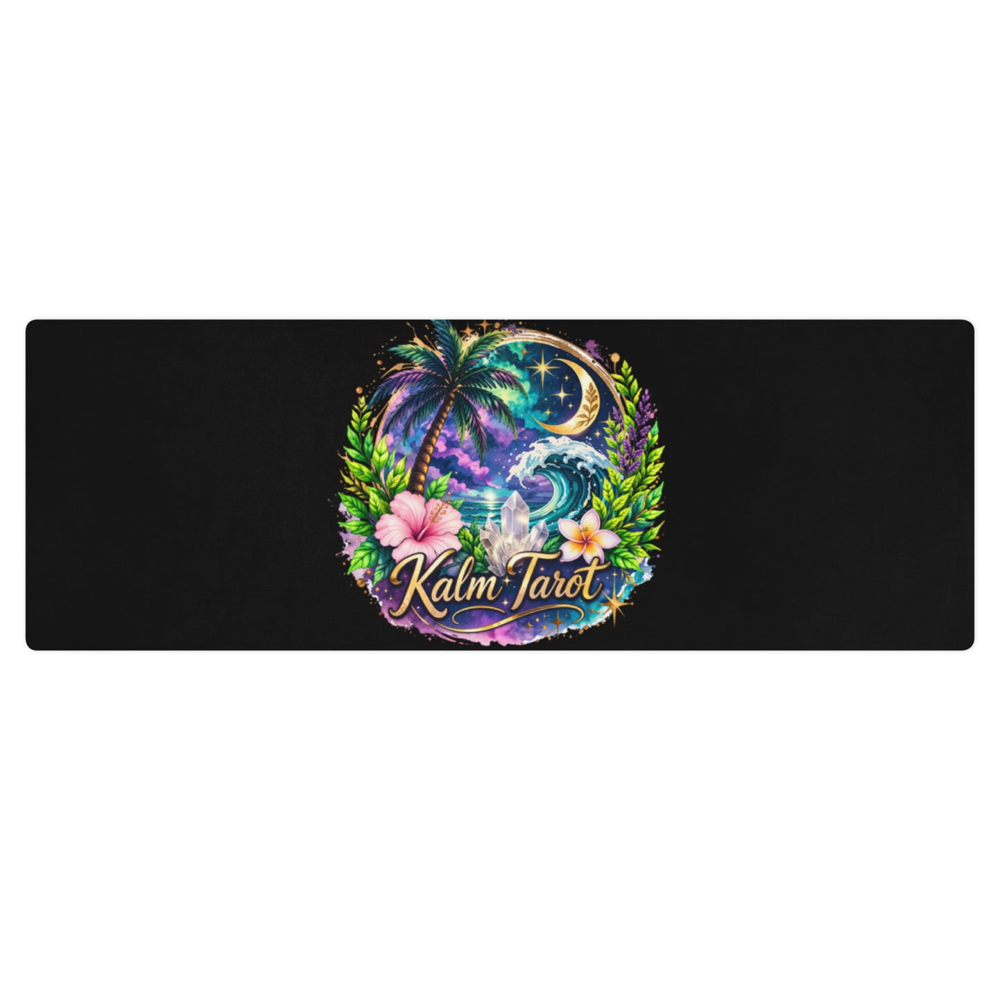 Kalm Tarot microsuede yoga mat featuring a tropical design with palm trees, moon, and ocean wave on a black background.